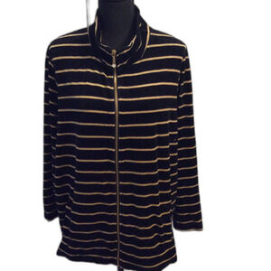 Quacker Factory Velour Black Gold Stripe zip Up jacket XL Women's